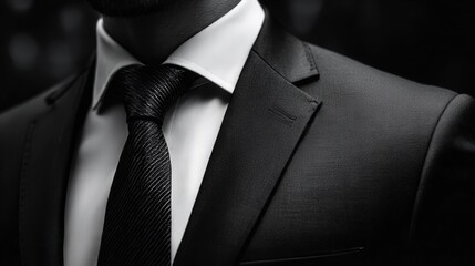 Close-up of a stylish black suit and tie on a man, representing elegance, professionalism, and classic formal wear.