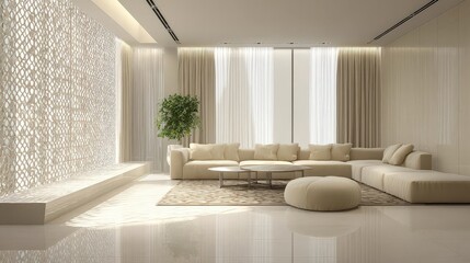Modern luxury living room interior design with elegant beige sofa, natural light, and stylish decor, perfect for a contemporary home.