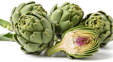 Obraz premium Fresh Artichokes: Whole and Cut Isolated on White Background