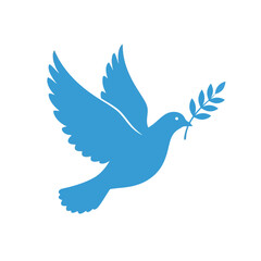 Vector art of blue dove with olive branch, symbol of peace flying, isolated on white background
