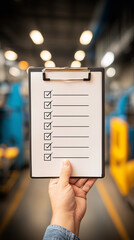 A blank checklist clipboard held in an automotive workshop underscores systematic quality inspections, process control, and task management in professional manufacturing environments.
