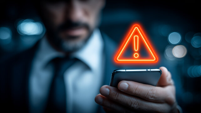 Neon warning triangle hovering above a smartphone conveys instant security alerts, spotlighting mobile threat detection and the necessity of rapid cyber response.
