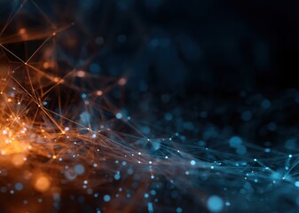 Dynamic digital grid with glowing connections in motion, evoking neural networks, data transfer, and cloud infrastructure.