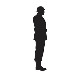 Vector art of silhouette of a soldier in uniform and helmet standing in profile view, isolated on white background