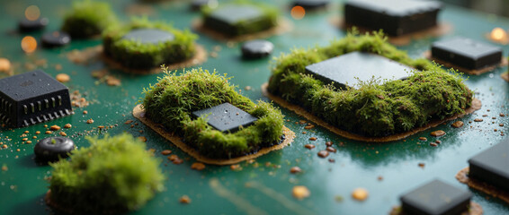 Microworlds created from microchips showcasing miniature parks and landscapes with greenery
