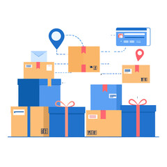 Flat design illustration of e-commerce logistics with stacked parcels, gift boxes, a credit card, and location tracking icons.