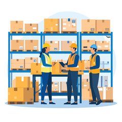 Diverse team of warehouse workers in safety vests and hard hats managing inventory with boxes and a clipboard.