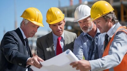 Construction Project Review: A team of seasoned construction professionals huddle together, intently examining blueprints at a bustling construction site. They are immersed in their review.