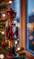 Naklejka premium Cozy home atmosphere for the Christmas holidays. A decorated Christmas tree with red balls, garlands and a tall nutcracker is beautifully reflected in the window glass.