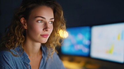 Obraz premium Focused Contemplation: A young woman with curly hair in deep thought and concentration, illuminated by the glow of a computer screen