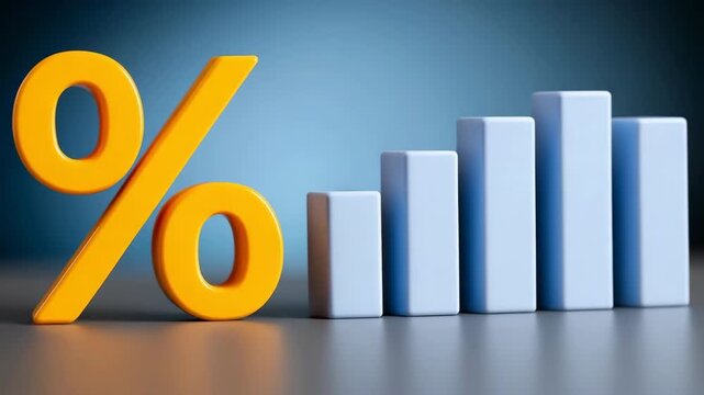 A yellow and blue sign with a percent sign on it. The sign is on a table with a blue and gray background