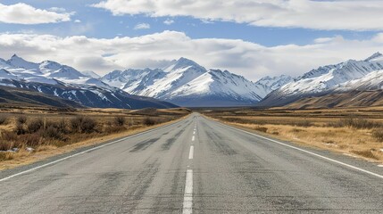 Naklejka premium Highway Horizons: Dynamic Picture of Asphalt Highway – Smooth Black Pavement Cutting Through Green Fields and Distant Hills, Yellow Center Lines, Roadside Guardrails, and Trucks Speeding Under a Cloud