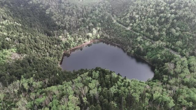 일본의 원시림 속에 숨겨진 하트 호수 토요니호 드론 항공뷰 (Aerial drone view of Toyoni heart-shaped lake hidden in Japan's primeval forest)