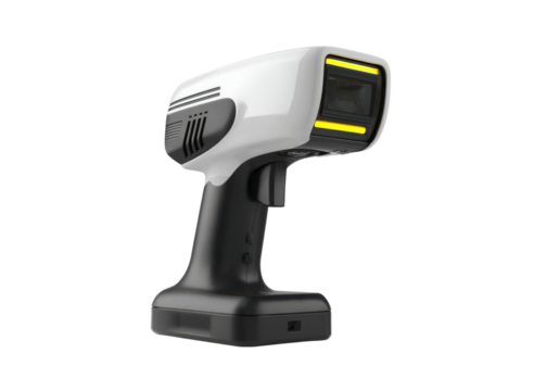 White and black handheld scanner with yellow accents device technology, Isolated, Png Transparent Background