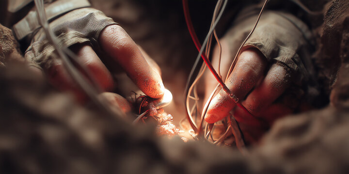 Bomb Squad Carefully Disarming Explosive Device In Dim Tunnel Using Tools Under Realistic 3D Cinematic Light