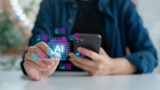 Close-up of hand interacting with AI chip interface and business icons, symbolizing artificial intelligence, digital automation, data processing, and smart technology use.