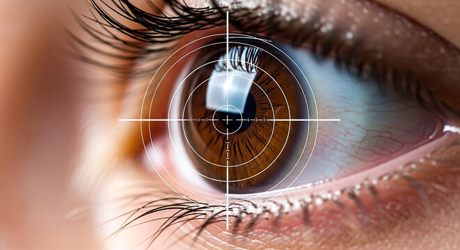 Closeup of a human eye with a digital targeting reticle overlay