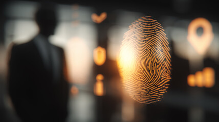 A glowing fingerprint hologram floats before a silhouetted executive, conveying biometric authentication, personal identity, and the trusted digital access that underpins secure corporate ecosystems.
