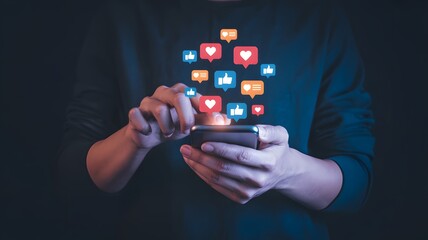 Person using smartphone with social media icons floating above in a dark environment setting scene