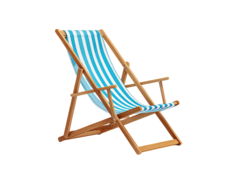 Striped blue white fabric beach lounger with wooden frame chair, Isolated, Png Transparent Background