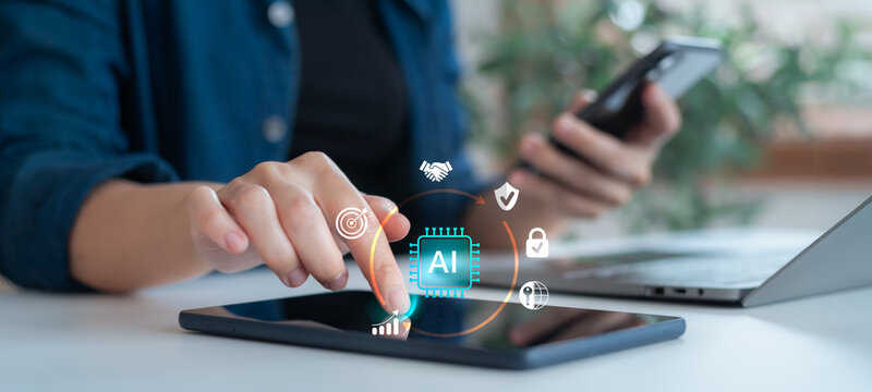 Woman using tablet and smartphone with AI interface, business icons, and data protection, representing artificial intelligence in smart technology and business process.