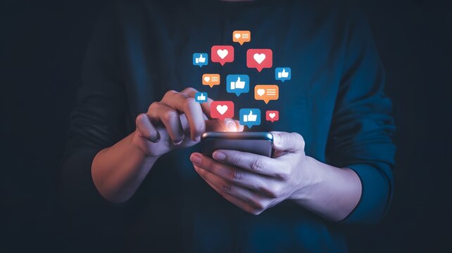 Person using smartphone with social media icons floating above in a dark environment setting scene