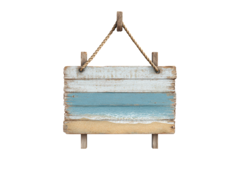 Weathered wooden beach sign with sand and waves rustic, Isolated, Png Transparent Background