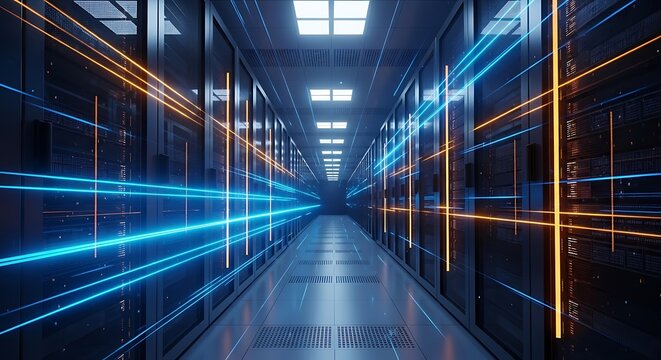 Photo of illuminated server room with data streams and network connections for data processing - Powered by Adobe