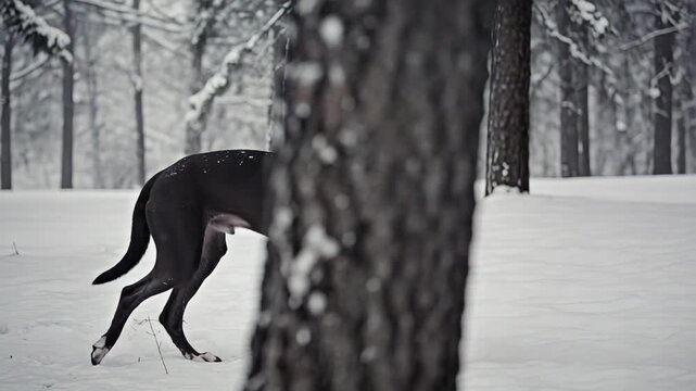 Black and white photography, Great Dane standing tall in a snowy forest, strong and majestic pose, sharp contrast, timeless and elegant feel
