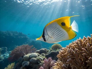 Obraz premium Vibrant Masked Butterflyfish swimming over sunlit coral reef; underwater scene, tropical ocean.