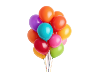 Vibrant colorful balloons floating against a dark background bunch party, Isolated, Png Transparent Background