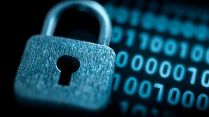 A rugged padlock set against streams of binary code embodies encrypted data protection, conveying cybersecurity resilience and the urgent need to defend information from digital threats.
