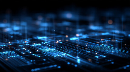 Obraz premium Vertical pulses rise from a glowing blue motherboard, depicting dense data traffic and the invisible pathways powering contemporary computing, smart cities, and the Internet of Things. 