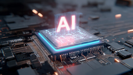 A translucent microchip labeled AI radiates within a motherboard, embodying the fusion of artificial intelligence and hardware innovation that accelerates machine learning and intelligent automation. 