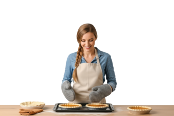 Smiling woman in oven mitts placing pies on a baking sheet
