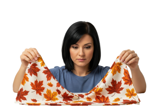 Woman folding a tablecloth with autumn maple leaf pattern