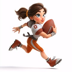 Cartoon Woman Playing American Football in 3D Clipart Style on White Background