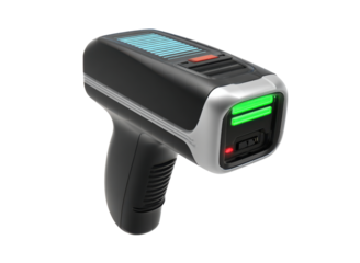 Futuristic handheld scanner with blue screen and green lights technology device, Isolated, Png Transparent Background