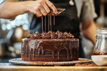 Pastry chef decorating fancy caramel cake with nuts in professional kitchen for dessert presentation, generative ai