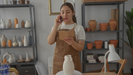 Woman in brown apron holds smartphone to ear and reads notebook in artisan workshop; planning focus.