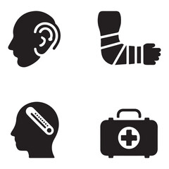 A collection of medical icons depicting ear, arm in a cast, fever thermometer, and first aid kit box