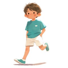 Boy with short messy hair illustration shorts white.