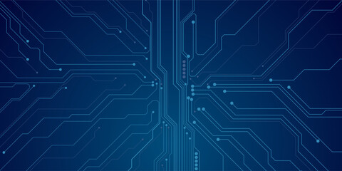 Thin circuit trace lines in blue on a dark technology background. Abstract digital tech bg. Electronics and computer technology concept. Chip and circuit board. Vector illustration. Chip connectors.