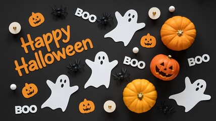 A halloween themed flat lay with pumpkins ghosts spiders and boo text on a black background surface