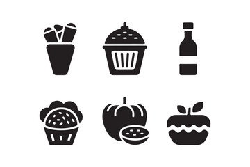 Collection of six simple black food and drink icons on a white background