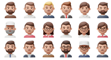 Diverse 3D Cartoon People Avatars with Various Hairstyles and Clothing.