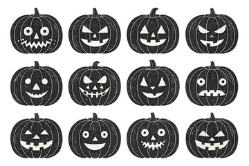 A collection of twelve carved halloween pumpkins with various scary and spooky faces, isolated on transparent background