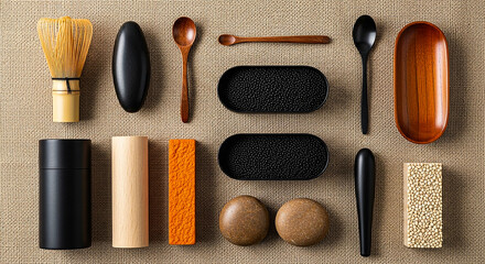 Japanese matcha tea ceremony utensils arranged neatly