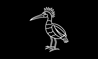 Obraz premium White Outline Bird on Black, Stylized Hoopoe or Ibis Icon