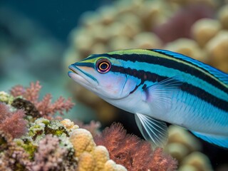 Obraz premium Vibrant Blue and Green Striped Reef Fish Swimming Near Coral, Underwater Close-Up